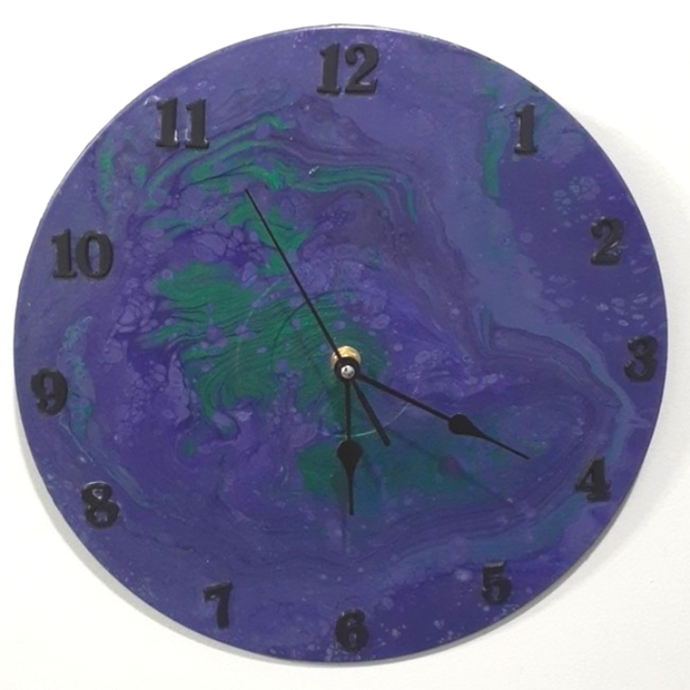 Hand Crafted Vinyl Record Clock Purple Metallic Green Acrylic Fluid Art Wall Art